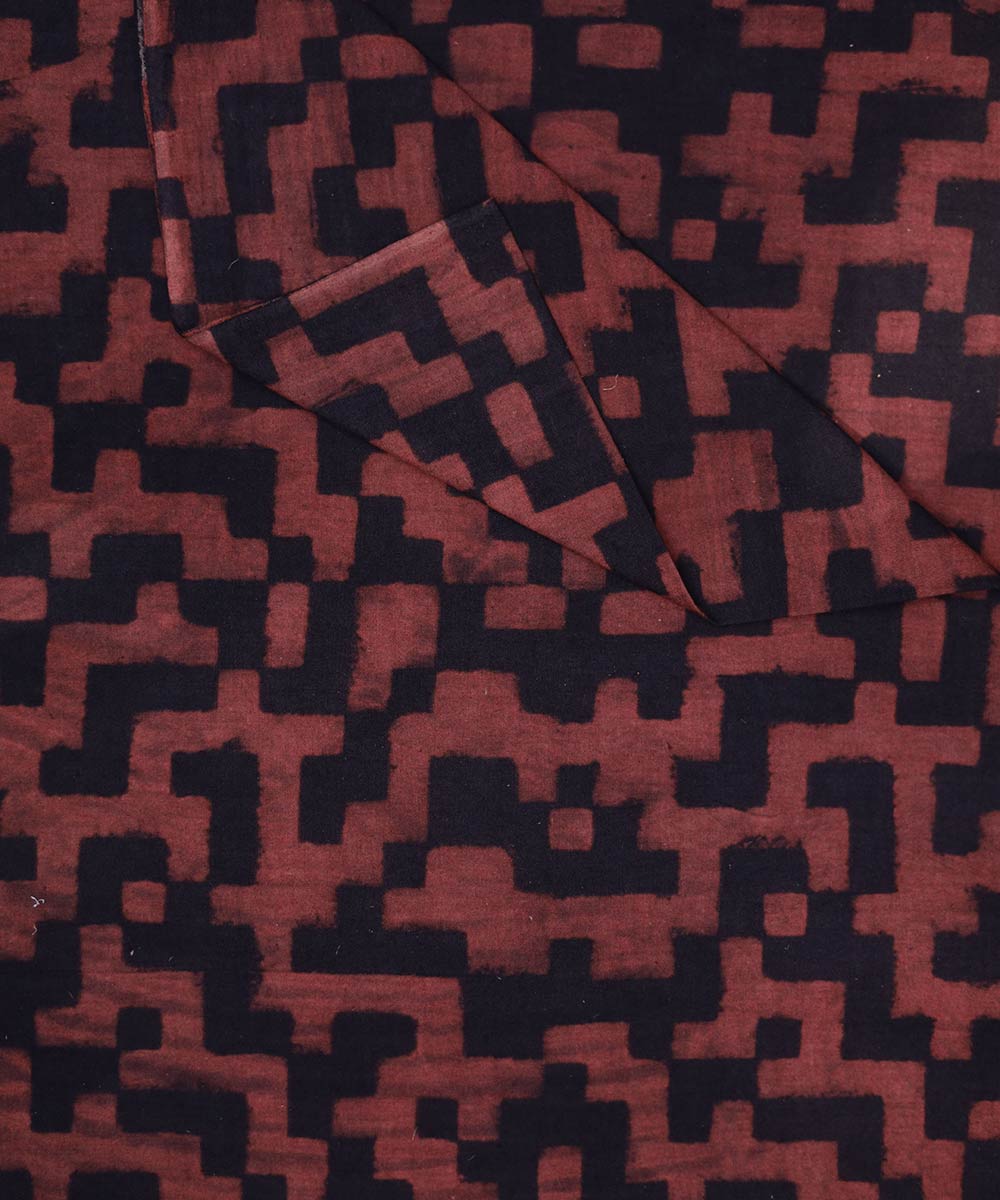 Black red natural dye hand block print mosaic pattern cotton fabric