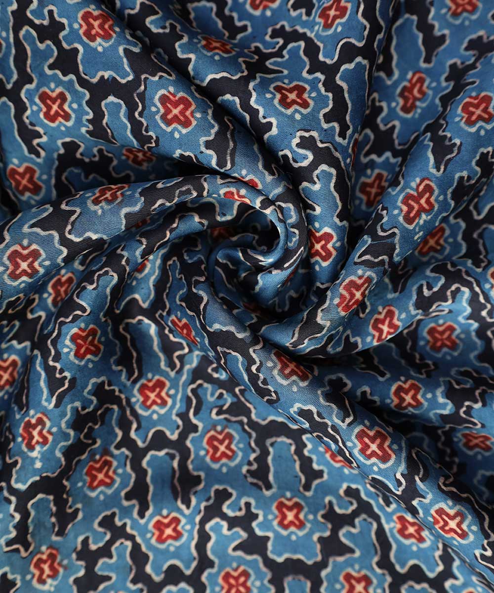 Blue black block printed modal fabric
