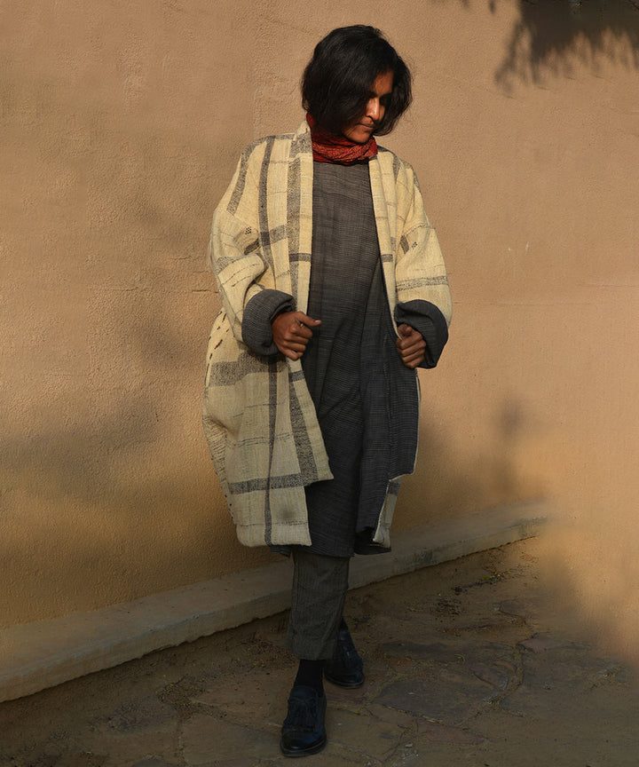 Off white black checks handwoven woolen jacket