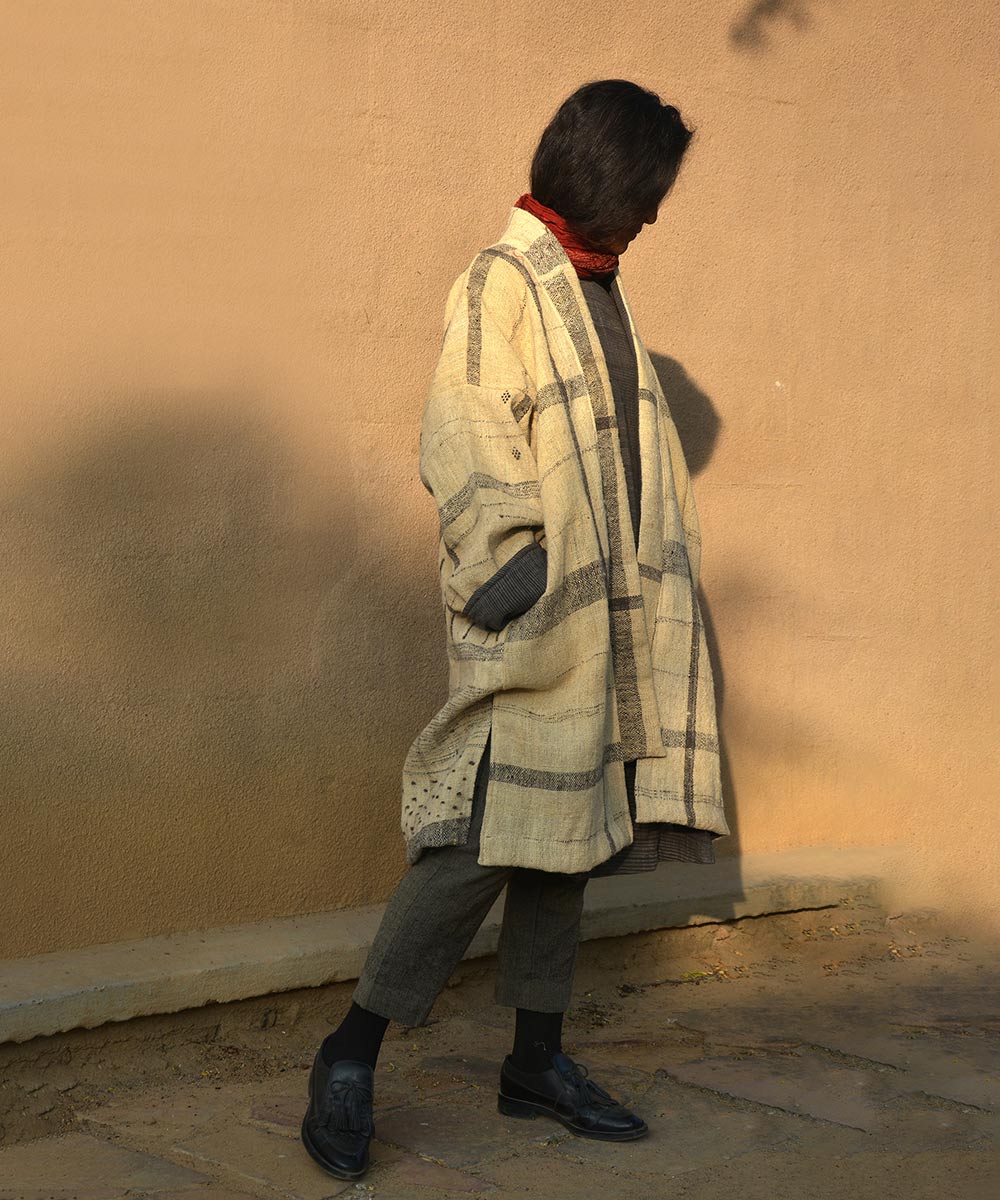 Off white black checks handwoven woolen jacket
