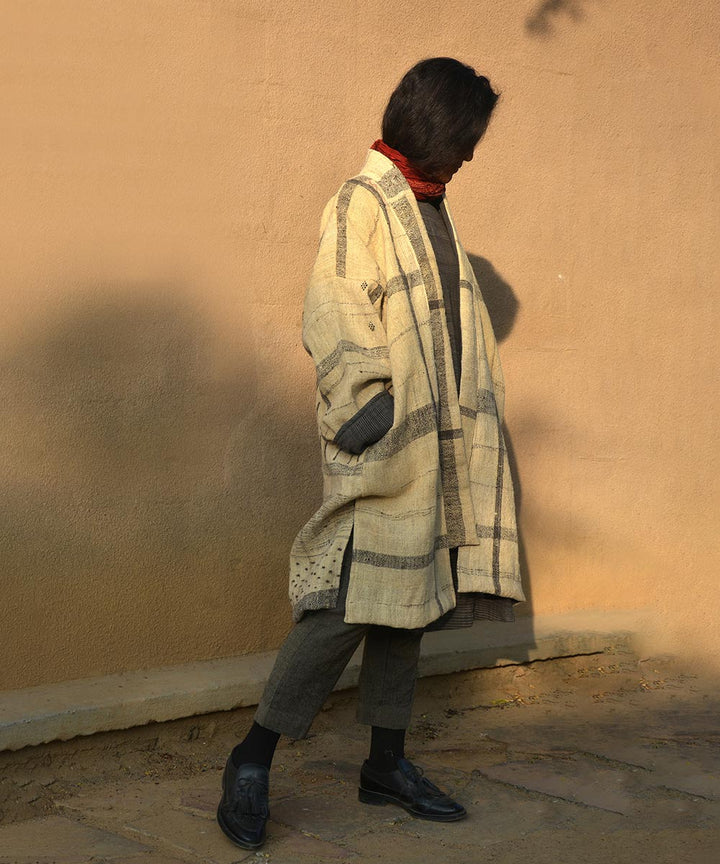 Off white black checks handwoven woolen jacket