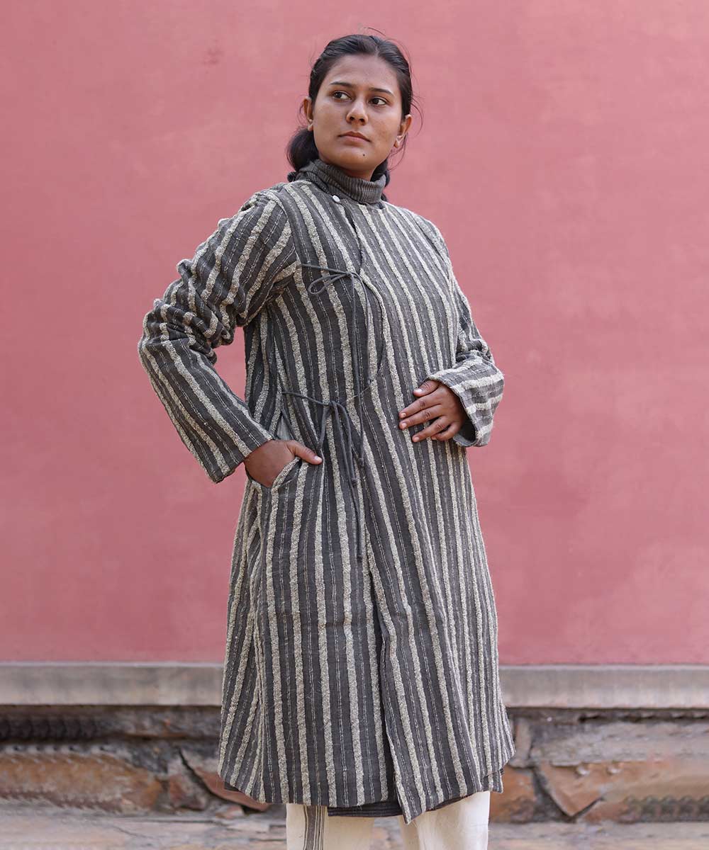 Black handwoven angrakho woolen jacket