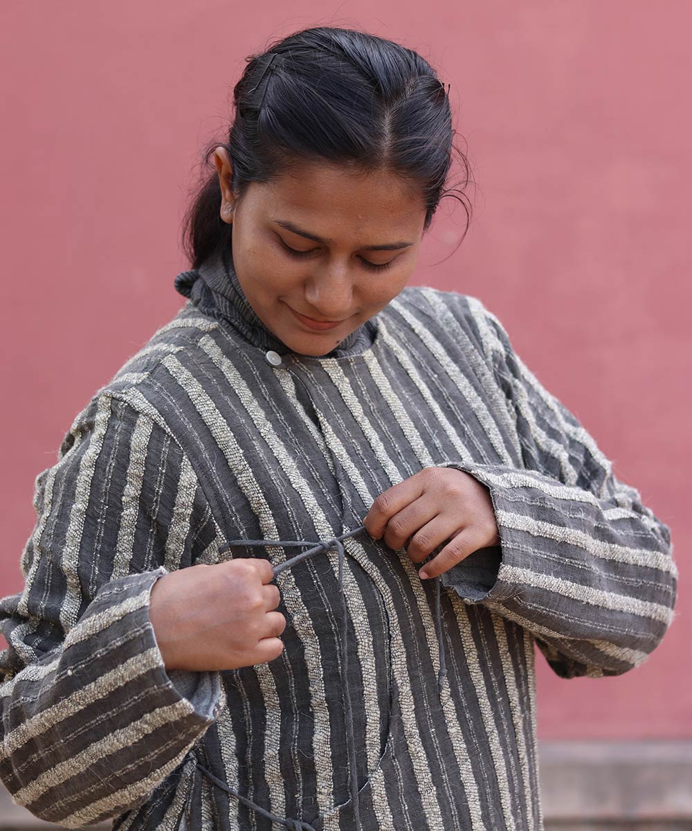 Black handwoven angrakho woolen jacket