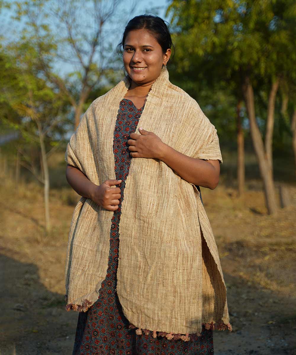 Beige handspun handloom woolen stole