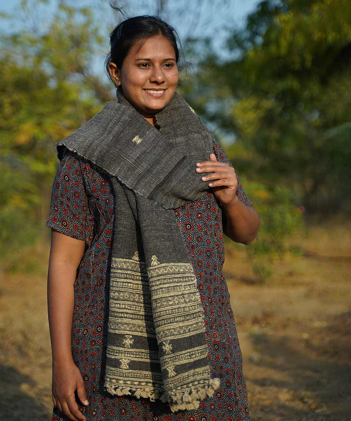 Black grey handspun handwoven woolen stole