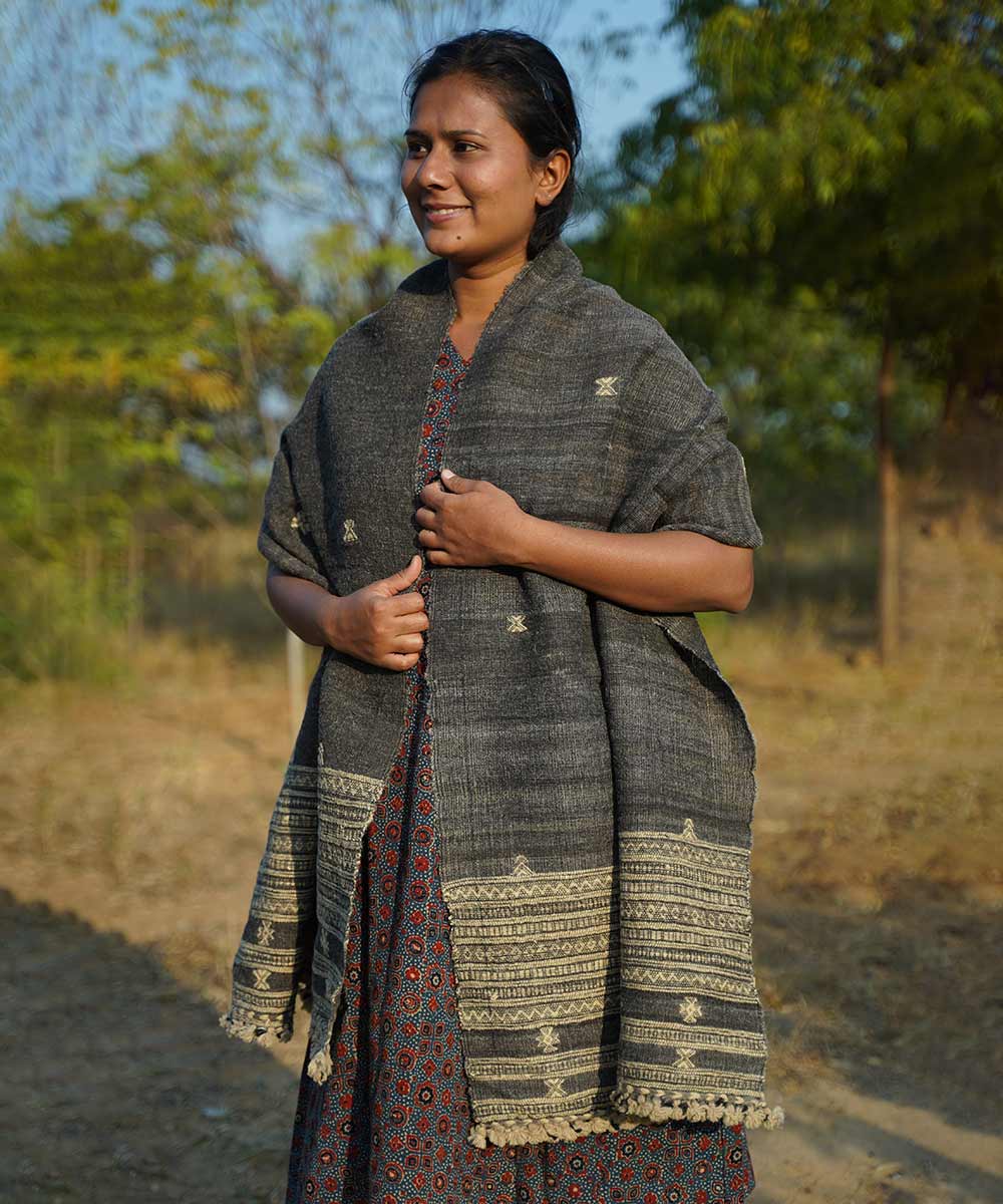 Black grey handspun handwoven woolen stole