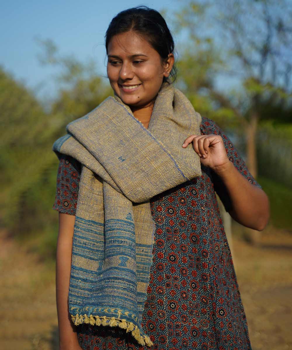 Yellow indigo handspun handloom woolen stole