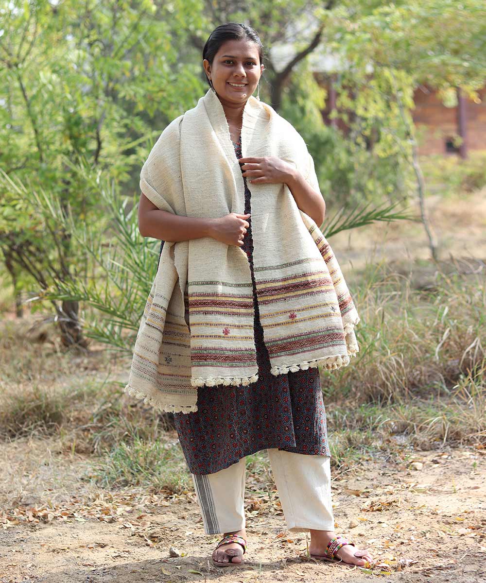 Natural white handspun hand woven woolen shawl