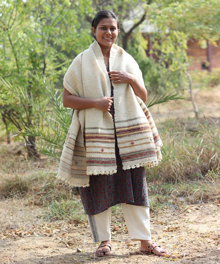 Natural white handspun hand woven woolen shawl