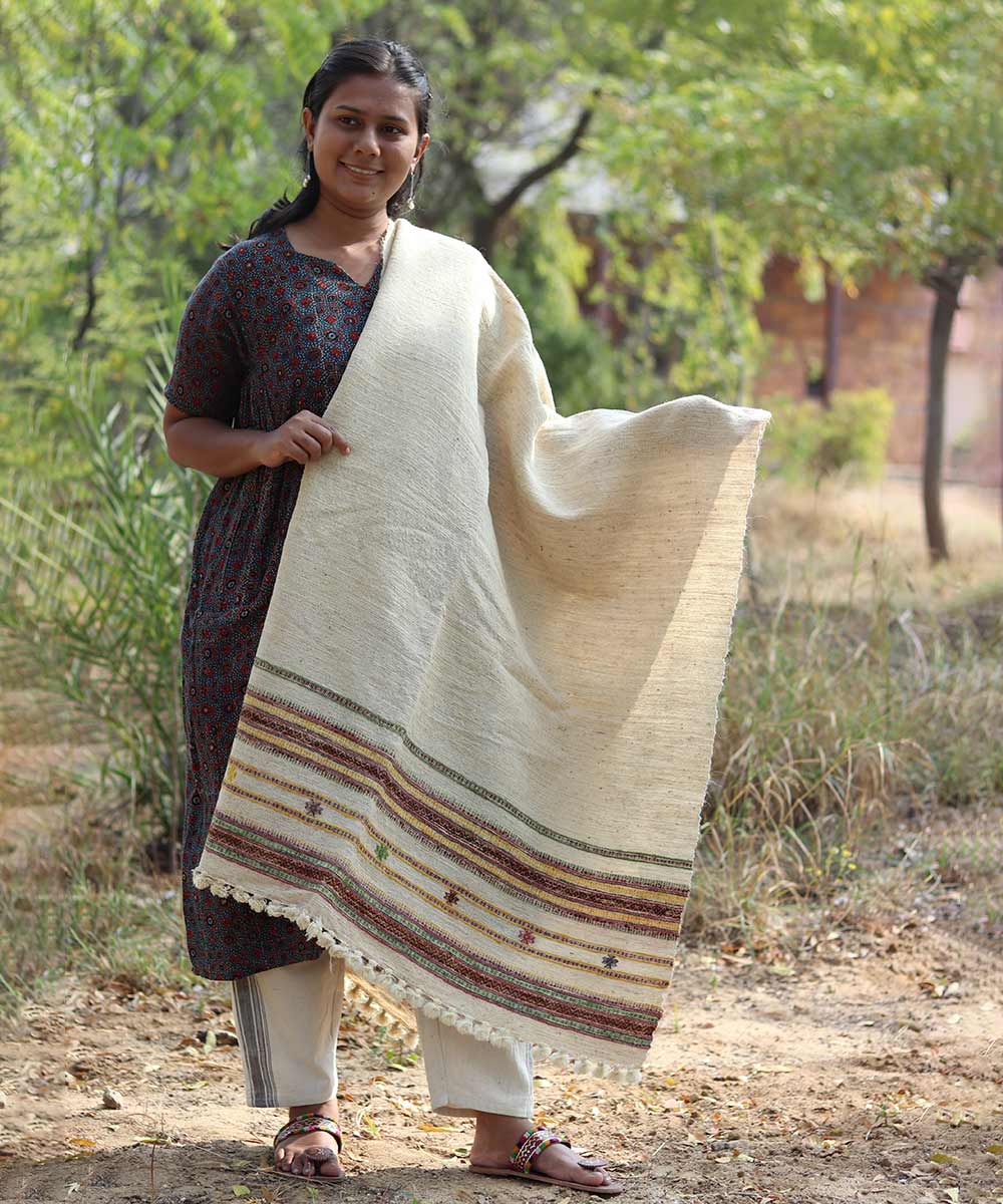 Natural white handspun hand woven woolen shawl