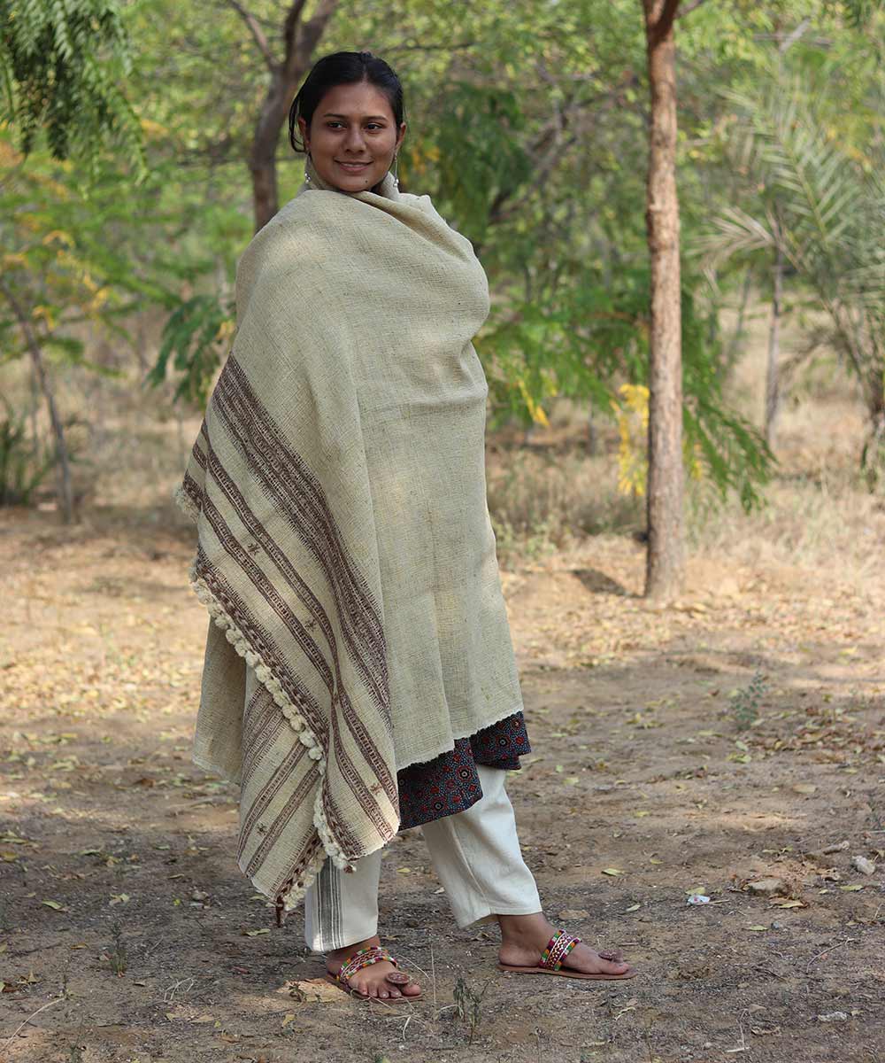 Beige handspun handwoven woolen shawl