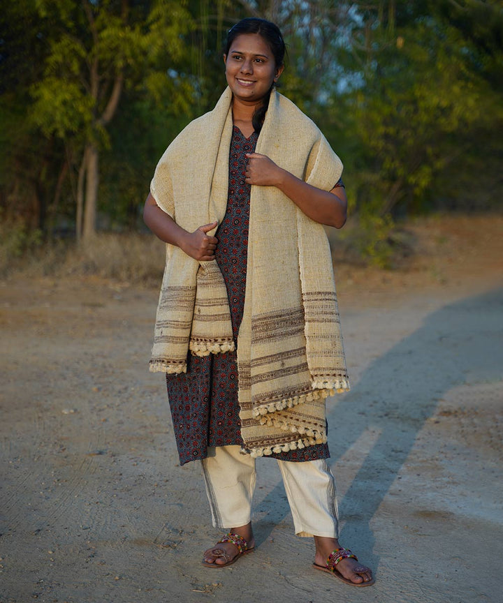 Off white handspun handwoven woolen shawl
