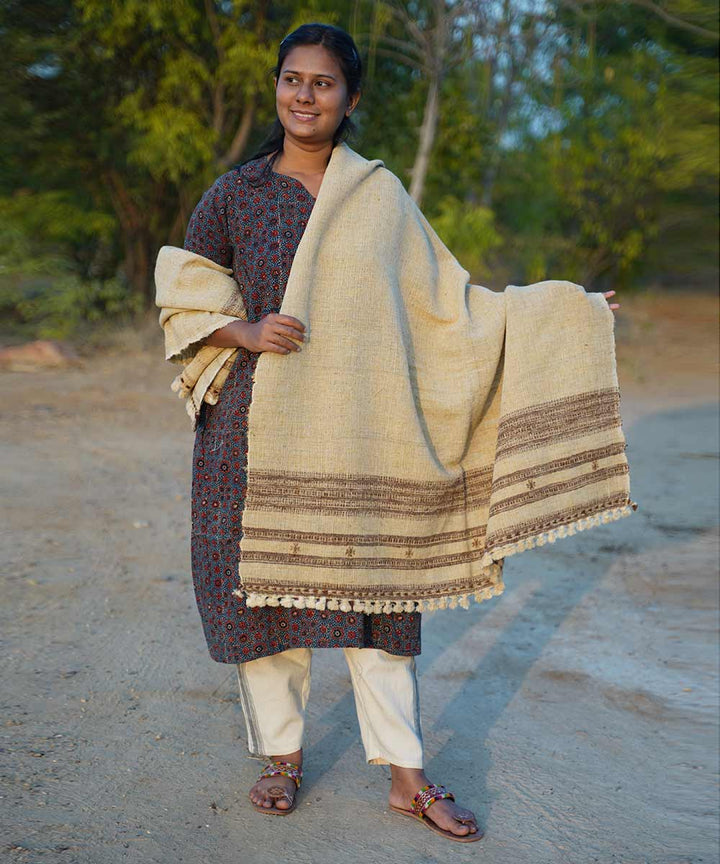 Off white handspun handwoven woolen shawl