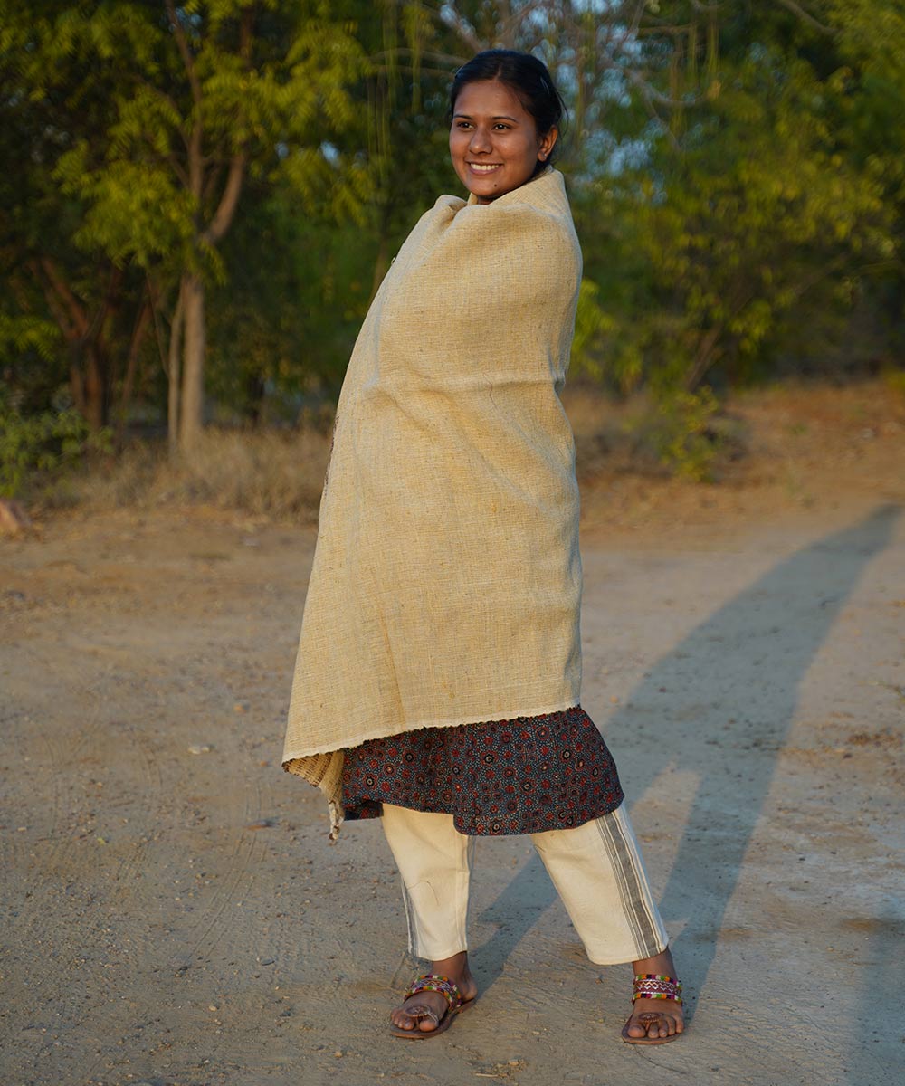 Off white handspun handwoven woolen shawl