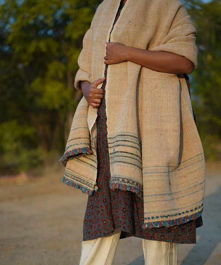 Off white handspun hand woven woolen shawl