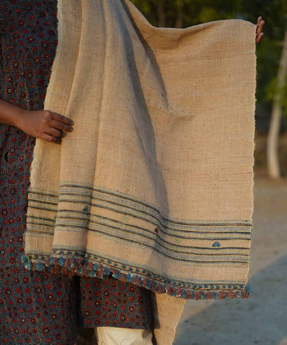 Off white handspun hand woven woolen shawl