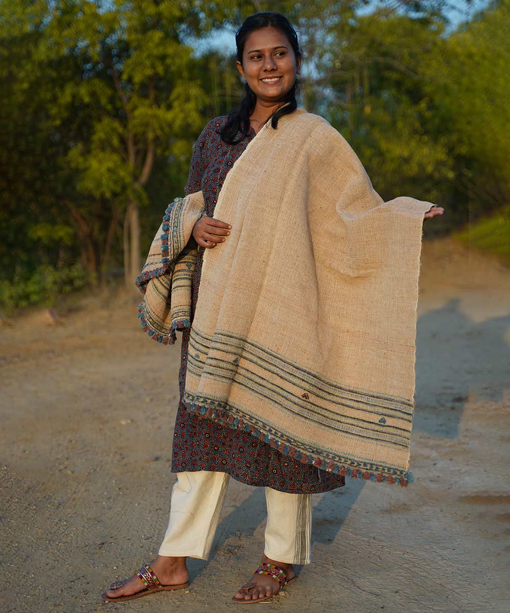 Off white handspun hand woven woolen shawl