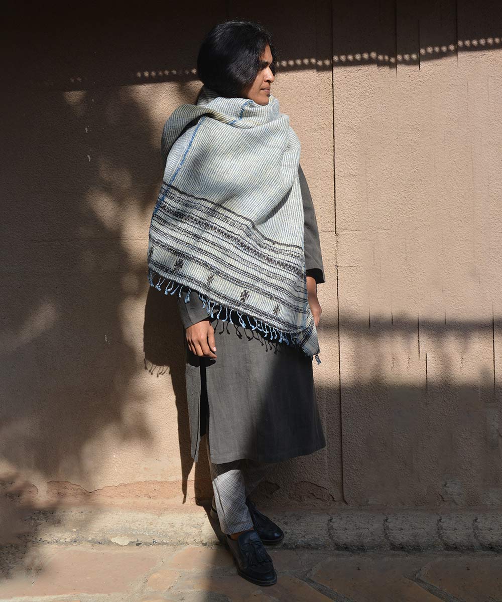 Indigo white handspun handwoven woolen shawl