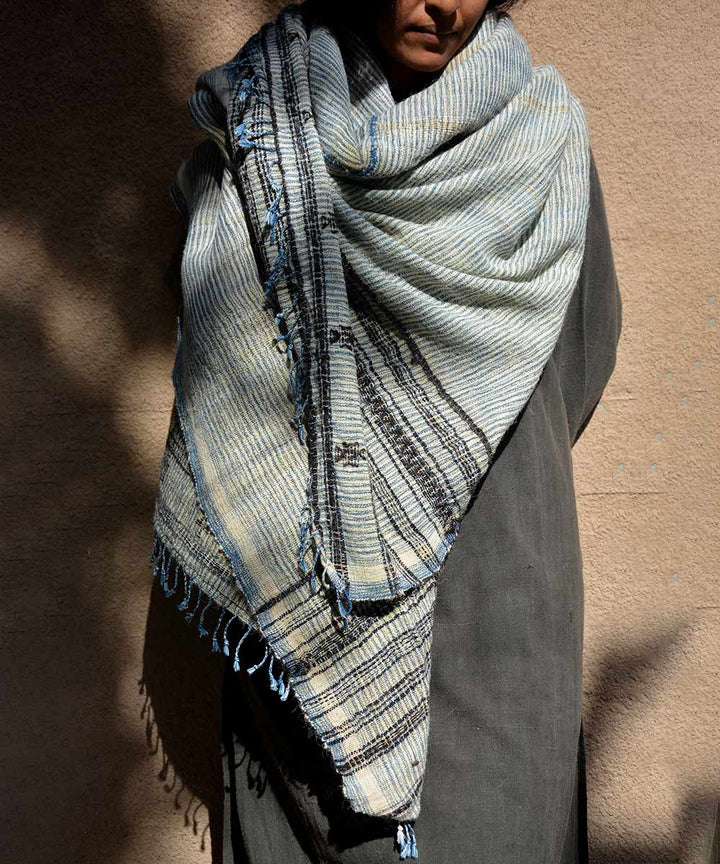Indigo white handspun handwoven woolen shawl
