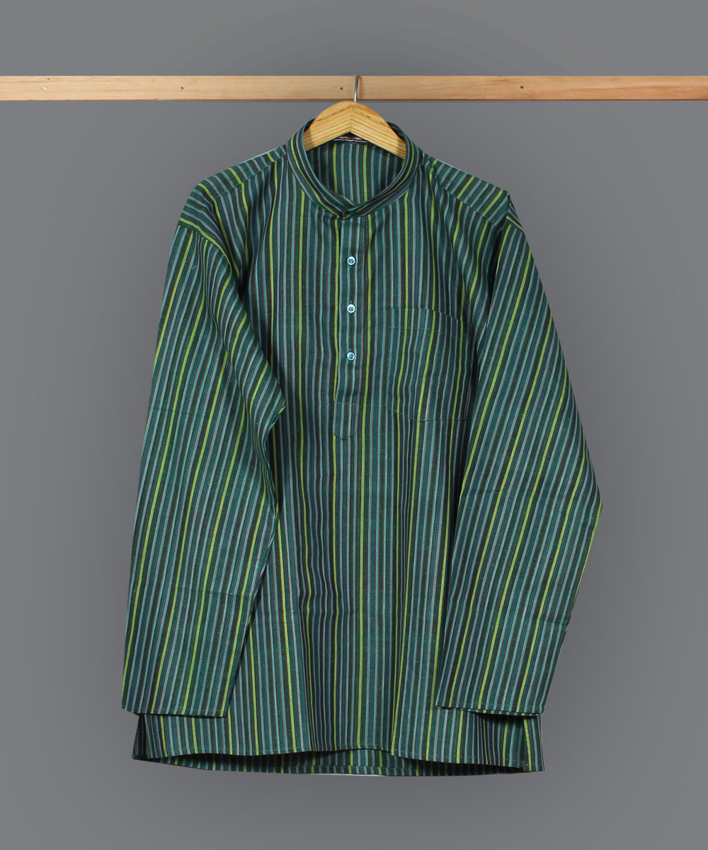Dark green multicolor handloom short cotton kurta