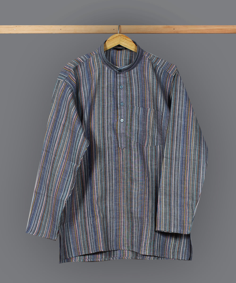 Grey multicolor handloom short cotton kurta