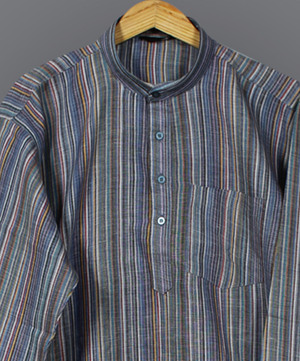 Grey multicolor handloom short cotton kurta