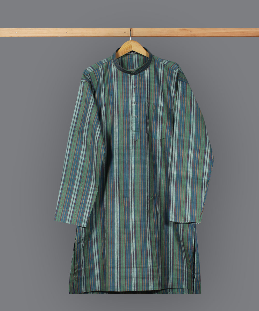 Green multicolor handloom long cotton kurta