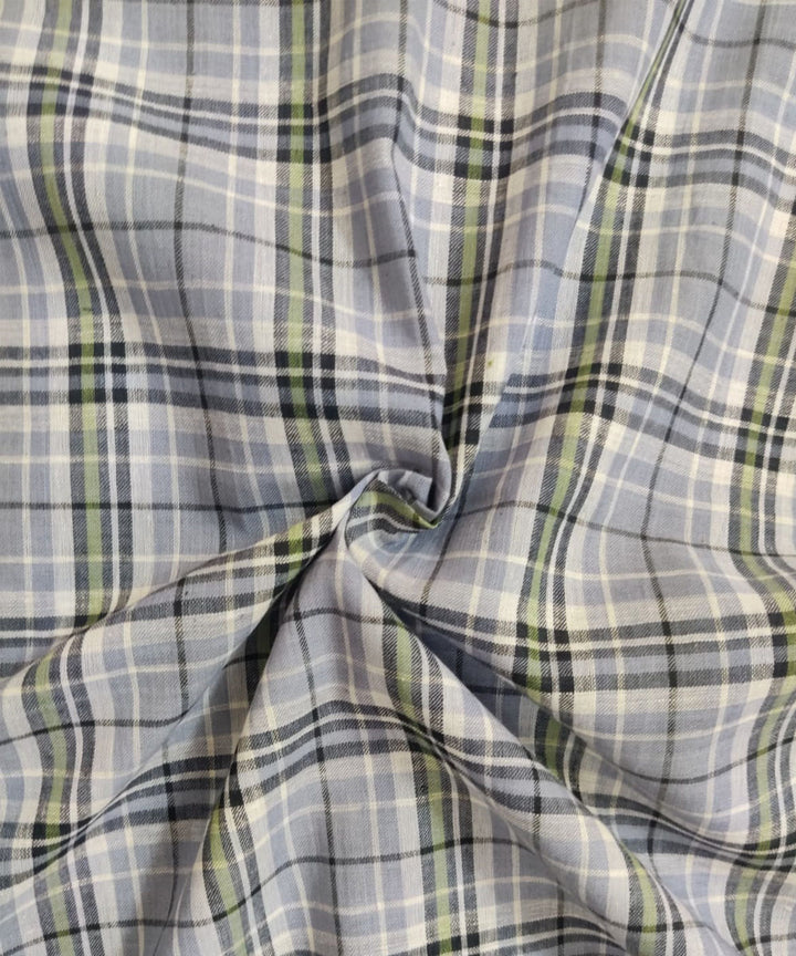 Grey green check handspun handwoven cotton fabric