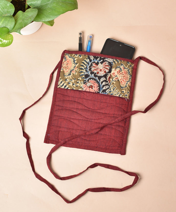 Maroon green hand printed cotton sling bag