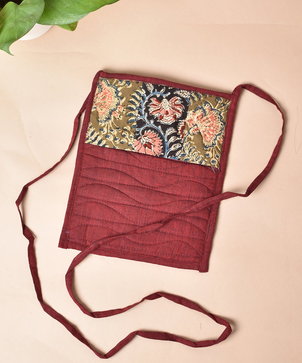 Maroon green hand printed cotton sling bag