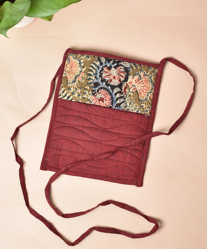 Maroon green hand printed cotton sling bag