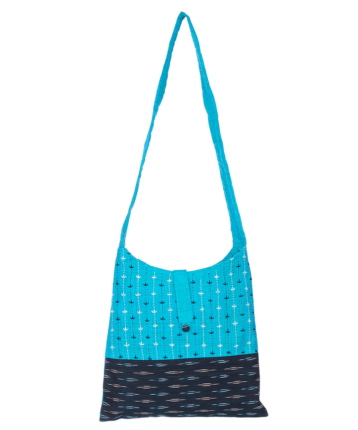 Cyan blue black handcrafted cotton sling bag