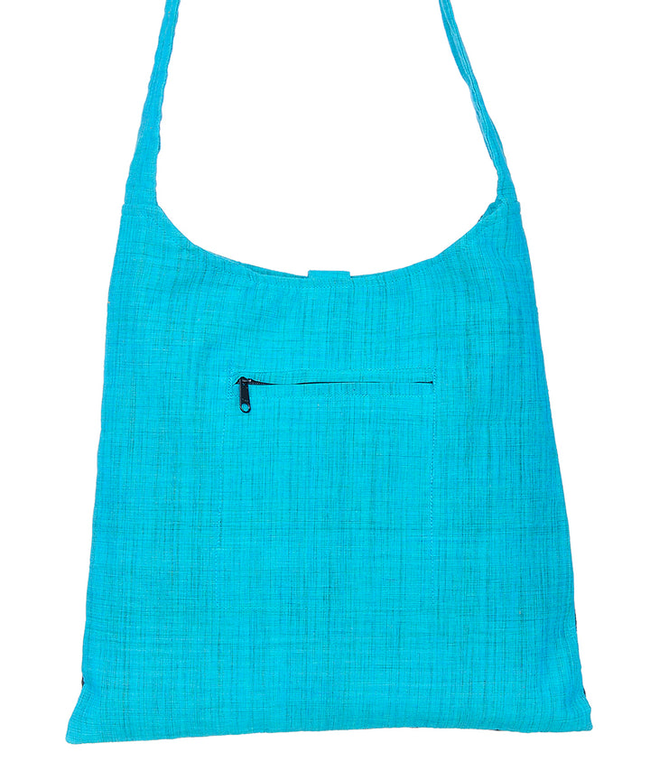 Cyan blue black handcrafted cotton sling bag