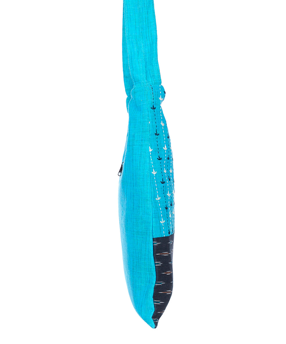 Cyan blue black handcrafted cotton sling bag