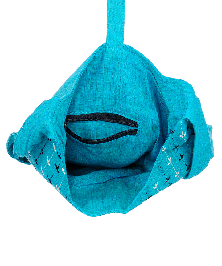 Cyan blue black handcrafted cotton sling bag