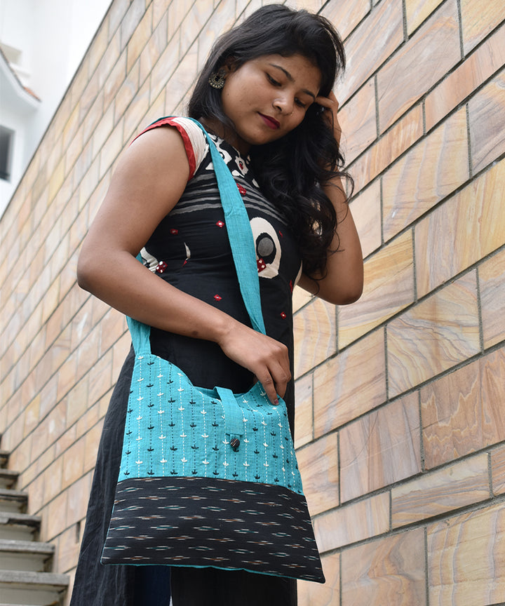 Cyan blue black handcrafted cotton sling bag
