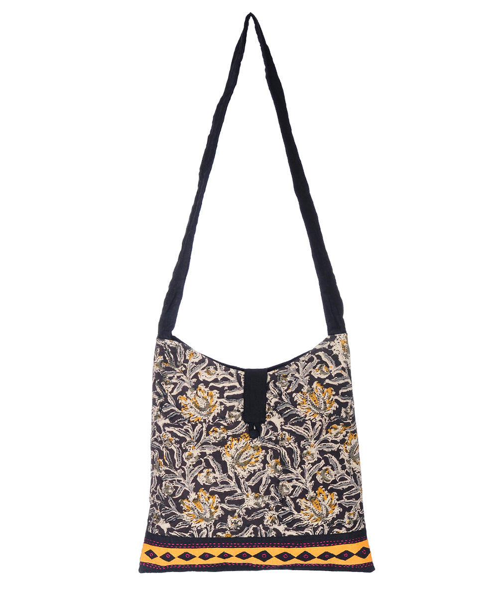 Black yellow hand printed cotton sling bag