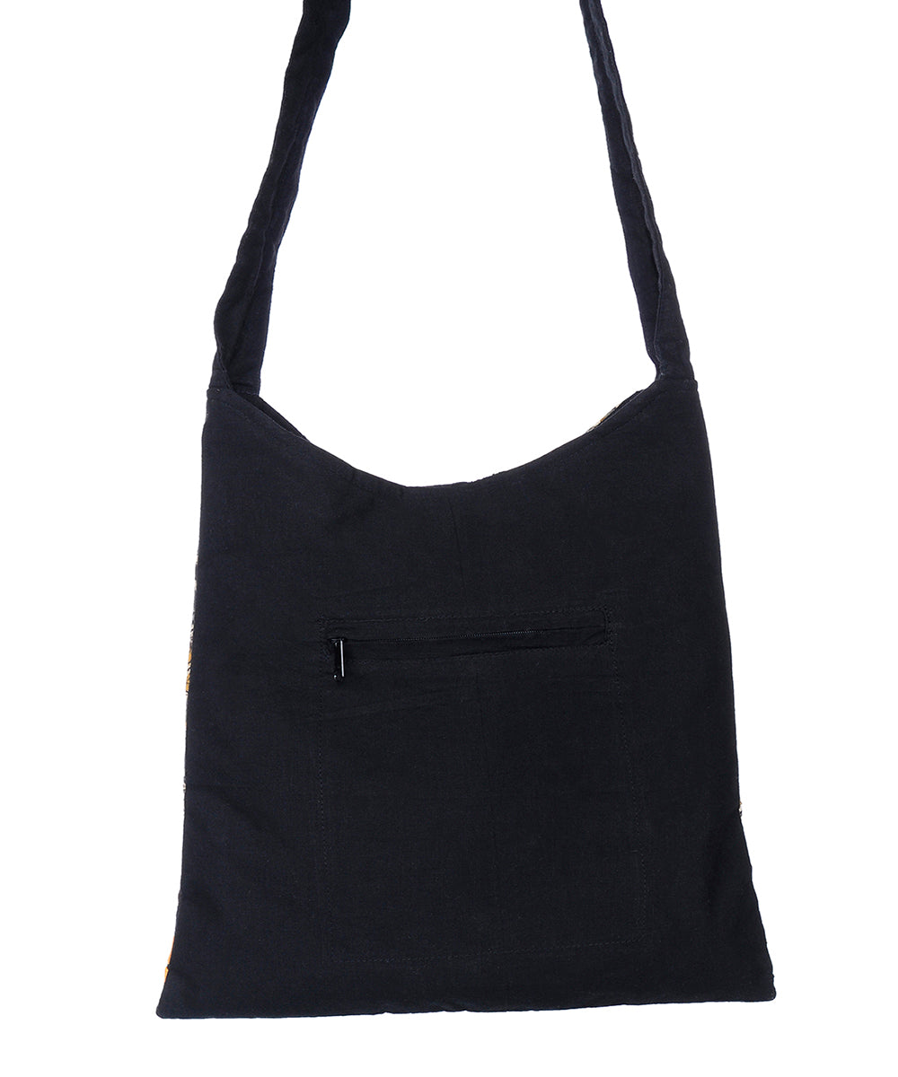 Black yellow hand printed cotton sling bag