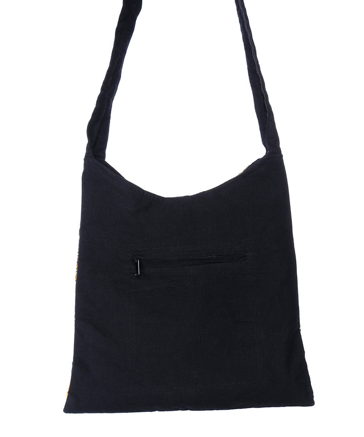 Black yellow hand printed cotton sling bag
