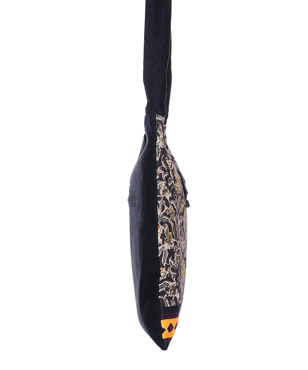Black yellow hand printed cotton sling bag