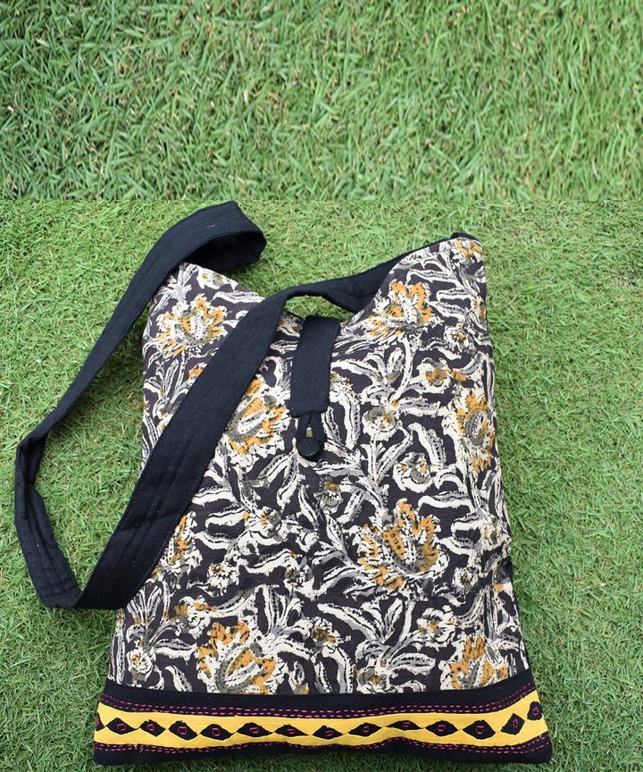 Black yellow hand printed cotton sling bag