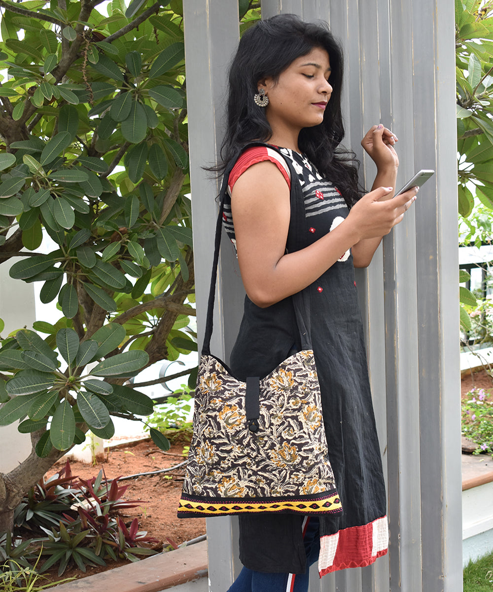Black yellow hand printed cotton sling bag
