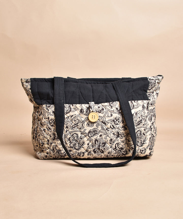 White black hand printed cotton tote bag