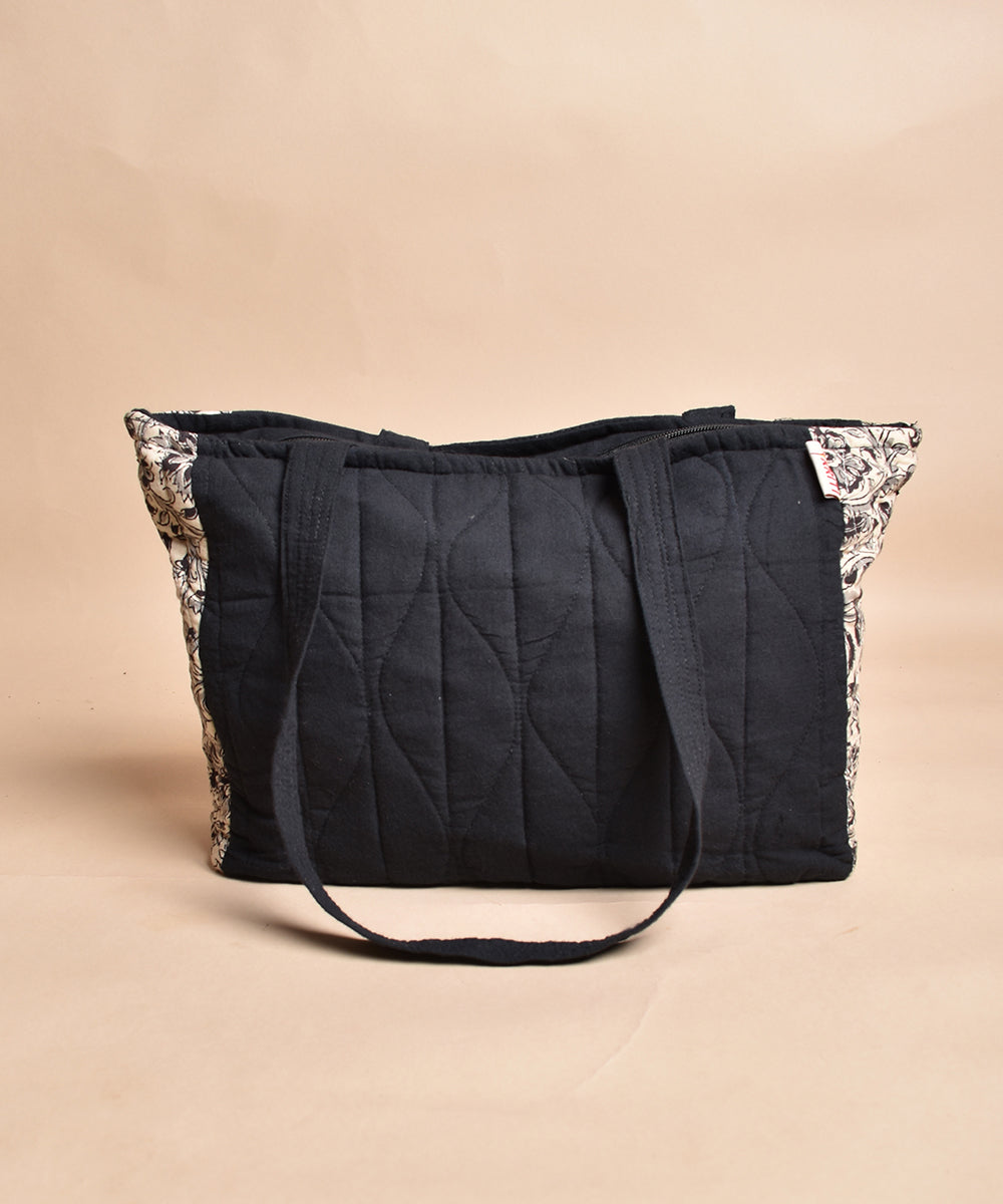 White black hand printed cotton tote bag