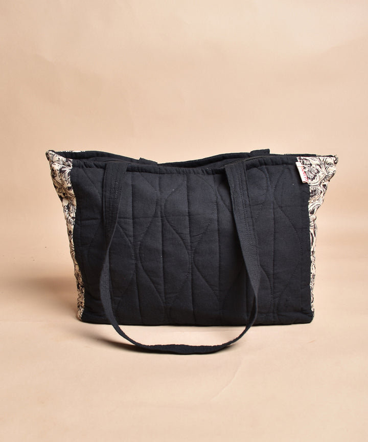 White black hand printed cotton tote bag