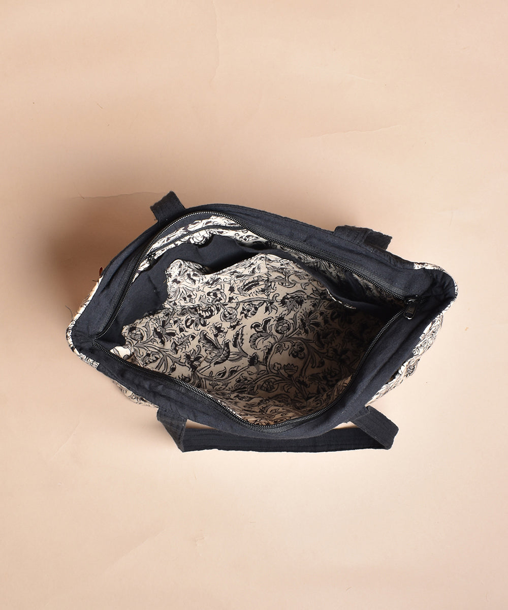 White black hand printed cotton tote bag