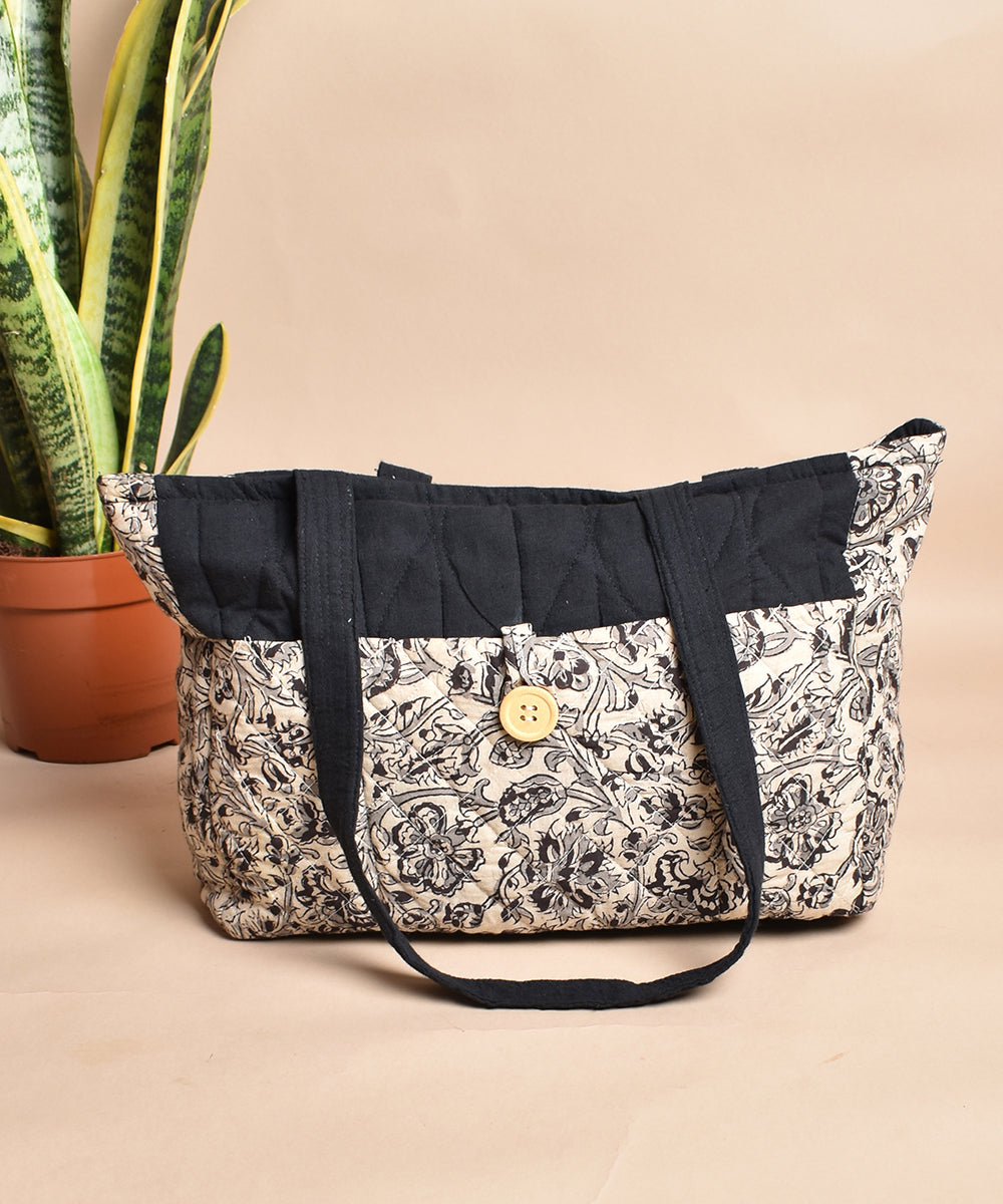 White black hand printed cotton tote bag