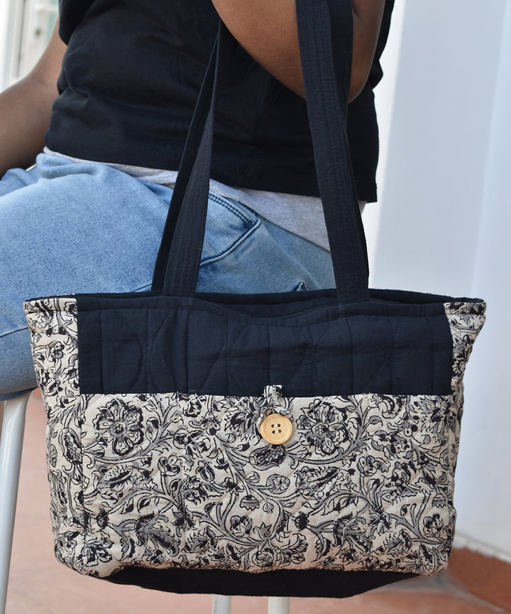 White black hand printed cotton tote bag