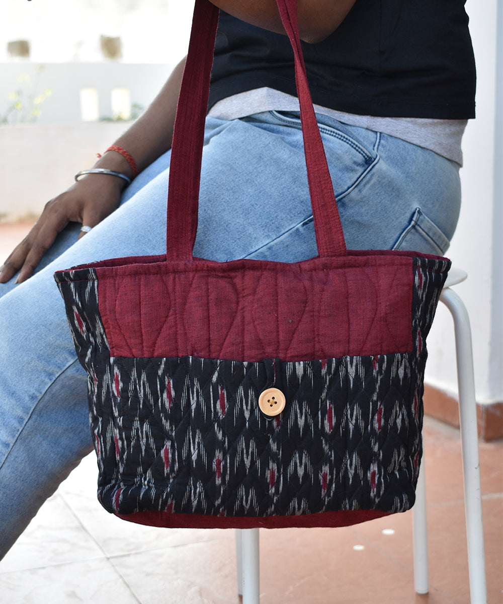 Black maroon handcrafted cotton tote bag