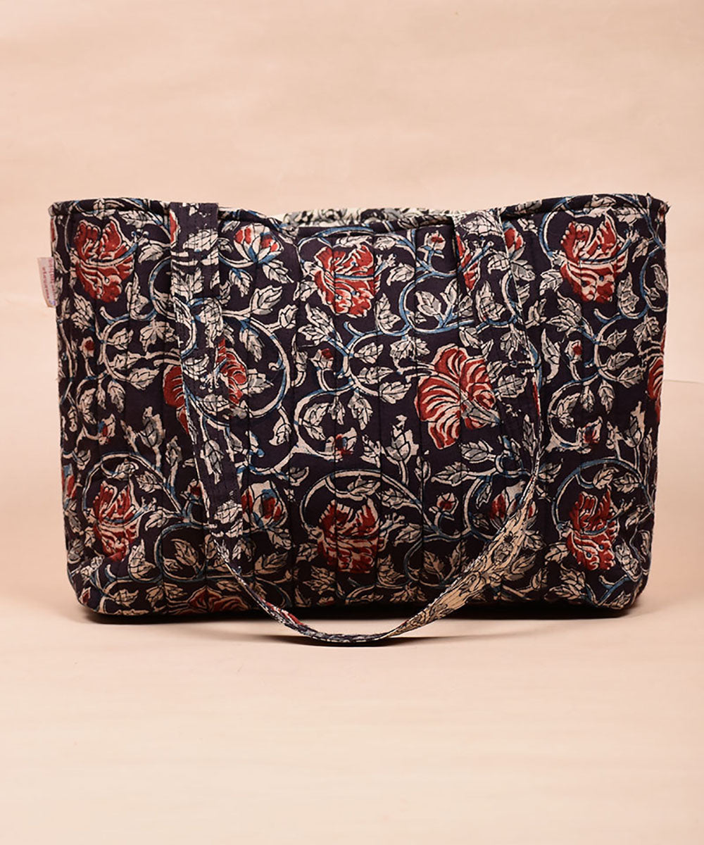 Black red handprinted cotton tote bag
